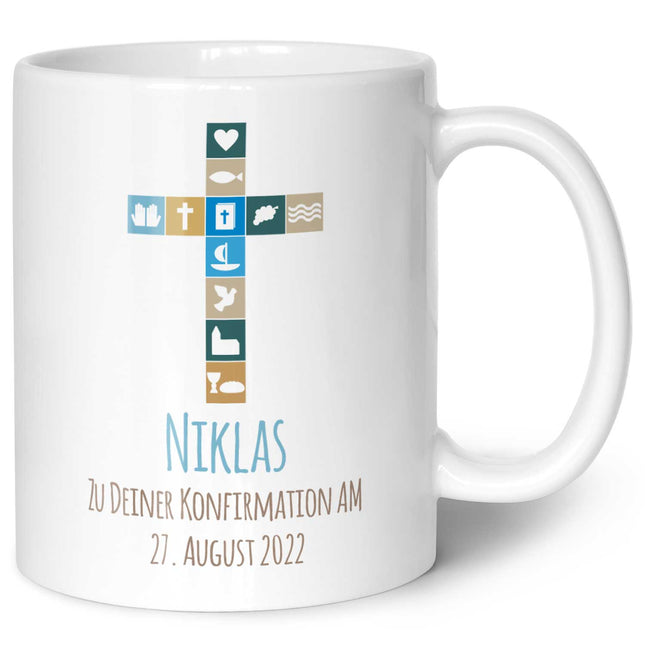 SEO. Bedruckte Tasse mit Motiv - Zur Konfirmation V2 mit Name & Datum - Weiß Linkreich