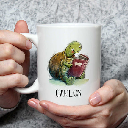 SEO. Bedruckte Tasse mit Name - Lesende Schildkröte - Weiß Linkreich
