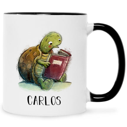 SEO. Bedruckte Tasse mit Name - Lesende Schildkröte - Schwarz & Weiß Linkreich