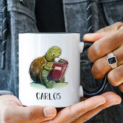 SEO. Bedruckte Tasse mit Name - Lesende Schildkröte - Weiß Linkreich