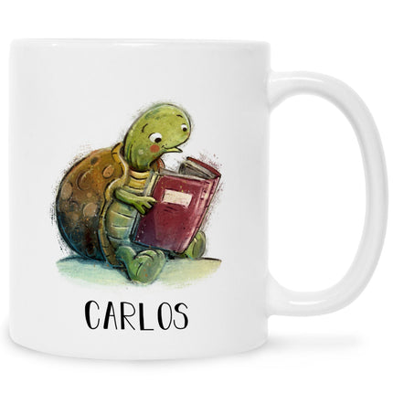 SEO. Bedruckte Tasse mit Name - Lesende Schildkröte - Weiß Linkreich