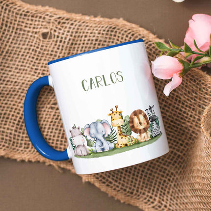 SEO. Bedruckte Tasse mit Name - Tiergruppe Safari - Blau Linkreich