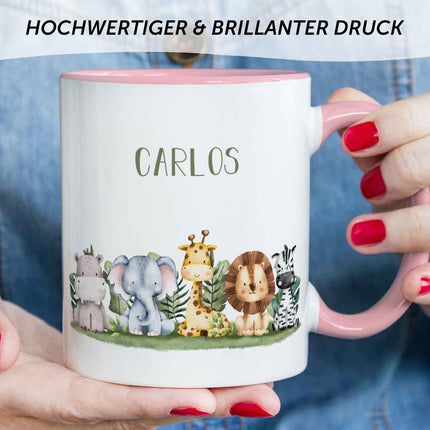 SEO. Bedruckte Tasse mit Name - Tiergruppe Safari - Rosa Linkreich