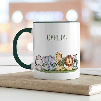 SEO. Bedruckte Tasse mit Name - Tiergruppe Safari - Dunkelgrün Linkreich