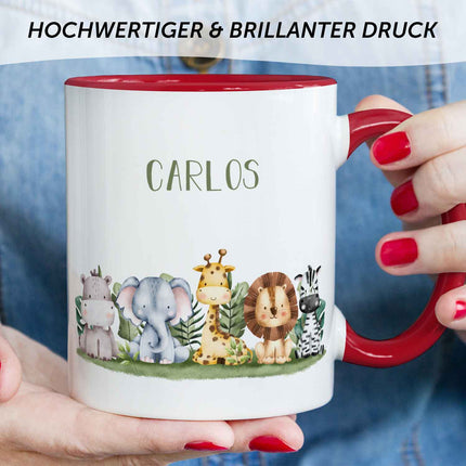 SEO. Bedruckte Tasse mit Name - Tiergruppe Safari - Rot Linkreich