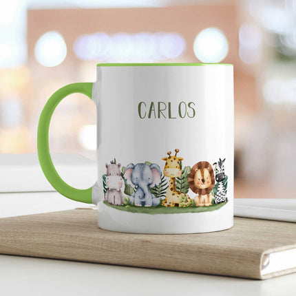 SEO. Bedruckte Tasse mit Name - Tiergruppe Safari - Hellgrün Linkreich