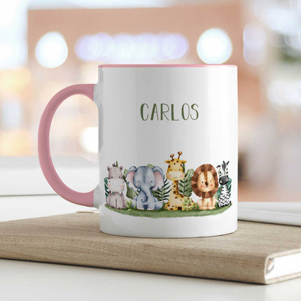 SEO. Bedruckte Tasse mit Name - Tiergruppe Safari - Rosa Linkreich