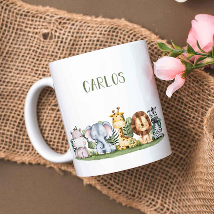 SEO. Bedruckte Tasse mit Name - Tiergruppe Safari - Weiß Linkreich