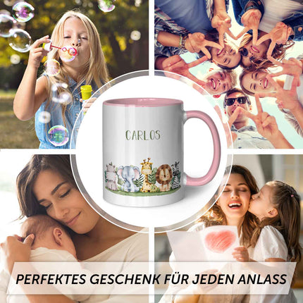 SEO. Bedruckte Tasse mit Name - Tiergruppe Safari - Rosa Linkreich