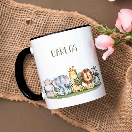 SEO. Bedruckte Tasse mit Name - Tiergruppe Safari - Schwarz & Weiß Linkreich