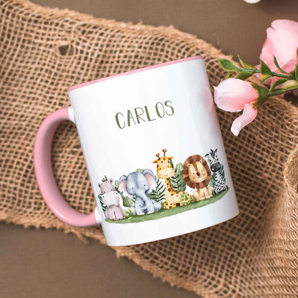 SEO. Bedruckte Tasse mit Name - Tiergruppe Safari - Rosa Linkreich