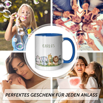 SEO. Bedruckte Tasse mit Name - Tiergruppe Safari - Blau Linkreich