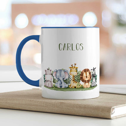SEO. Bedruckte Tasse mit Name - Tiergruppe Safari - Weiß Linkreich