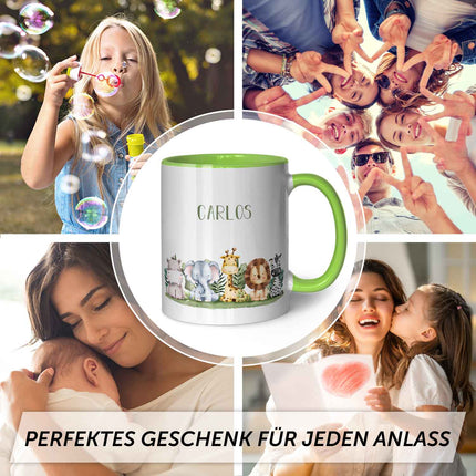 SEO. Bedruckte Tasse mit Name - Tiergruppe Safari - Hellgrün Linkreich