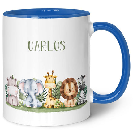 SEO. Bedruckte Tasse mit Name - Tiergruppe Safari - Blau Linkreich