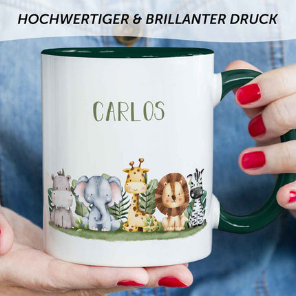 SEO. Bedruckte Tasse mit Name - Tiergruppe Safari - Dunkelgrün Linkreich