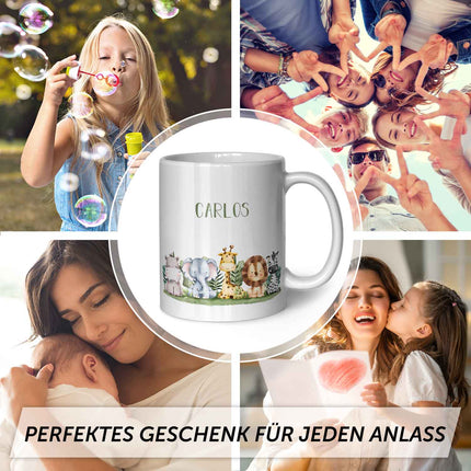 SEO. Bedruckte Tasse mit Name - Tiergruppe Safari - Weiß Linkreich