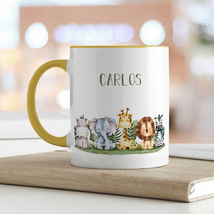 SEO. Bedruckte Tasse mit Name - Tiergruppe Safari - Gelb Linkreich
