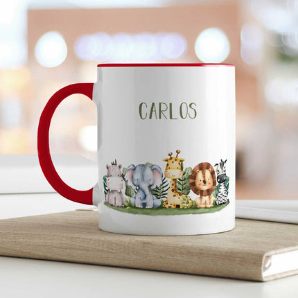 SEO. Bedruckte Tasse mit Name - Tiergruppe Safari - Rot Linkreich