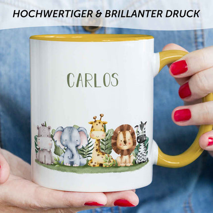SEO. Bedruckte Tasse mit Name - Tiergruppe Safari - Gelb Linkreich