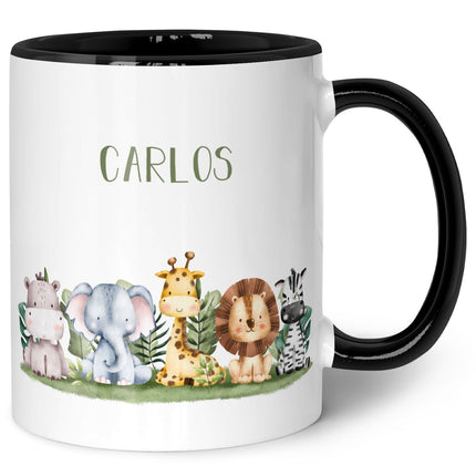 SEO. Bedruckte Tasse mit Name - Tiergruppe Safari - Schwarz & Weiß Linkreich