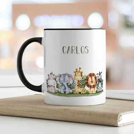 SEO. Bedruckte Tasse mit Name - Tiergruppe Safari - Schwarz & Weiß Linkreich