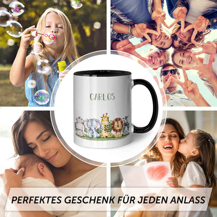 SEO. Bedruckte Tasse mit Name - Tiergruppe Safari - Schwarz & Weiß Linkreich