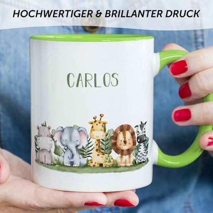 SEO. Bedruckte Tasse mit Name - Tiergruppe Safari - Hellgrün Linkreich