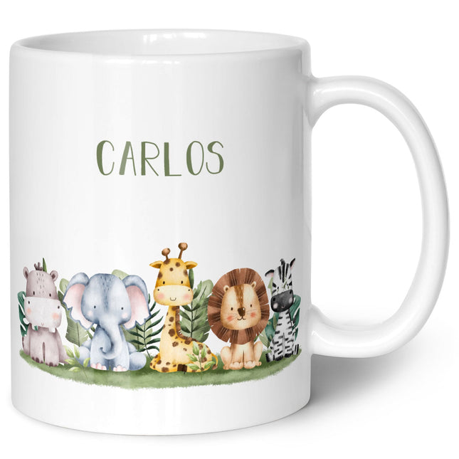 SEO. Bedruckte Tasse mit Name - Tiergruppe Safari - Weiß Linkreich