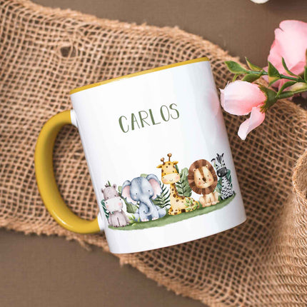 SEO. Bedruckte Tasse mit Name - Tiergruppe Safari - Gelb Linkreich