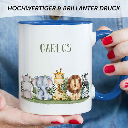 SEO. Bedruckte Tasse mit Name - Tiergruppe Safari - Blau Linkreich