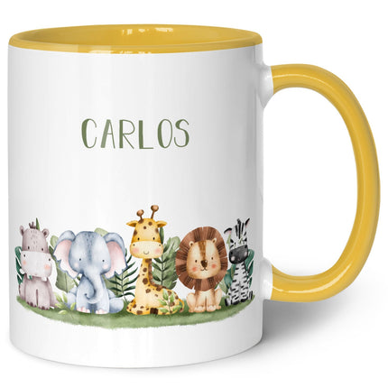 SEO. Bedruckte Tasse mit Name - Tiergruppe Safari - Gelb Linkreich