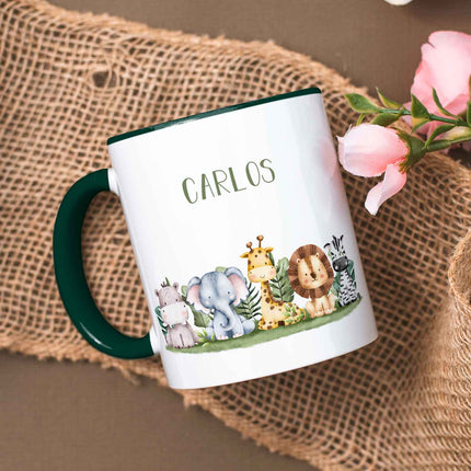 SEO. Bedruckte Tasse mit Name - Tiergruppe Safari - Dunkelgrün Linkreich