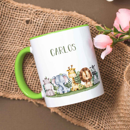 SEO. Bedruckte Tasse mit Name - Tiergruppe Safari - Hellgrün Linkreich