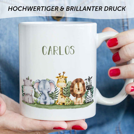 SEO. Bedruckte Tasse mit Name - Tiergruppe Safari - Weiß Linkreich