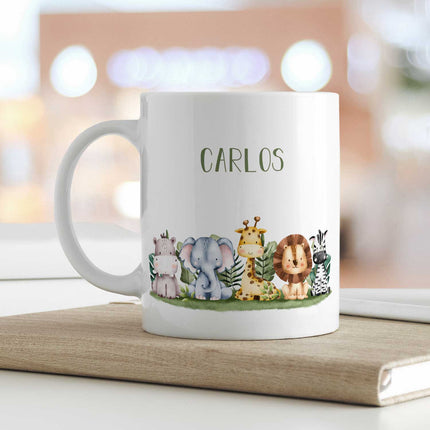 SEO. Bedruckte Tasse mit Name - Tiergruppe Safari - Weiß Linkreich