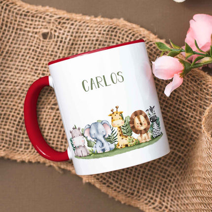 SEO. Bedruckte Tasse mit Name - Tiergruppe Safari - Rot Linkreich