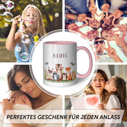 SEO. Bedruckte Tasse mit Name - Tiergruppe Wald - Rosa Linkreich