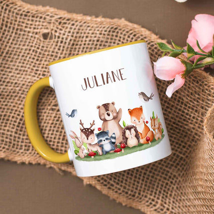 SEO. Bedruckte Tasse mit Name - Tiergruppe Wald - Gelb Linkreich
