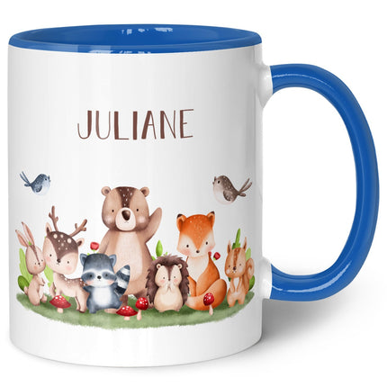 SEO. Bedruckte Tasse mit Name - Tiergruppe Wald - Blau Linkreich