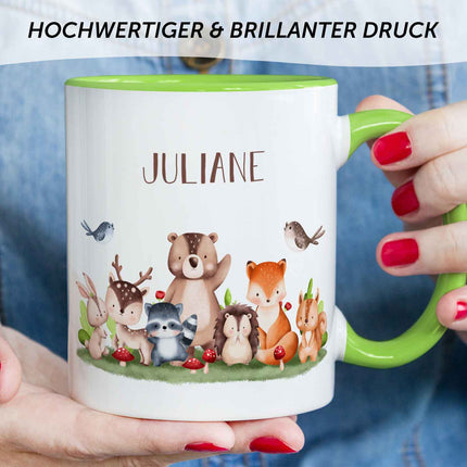 SEO. Bedruckte Tasse mit Name - Tiergruppe Wald - Hellgrün Linkreich