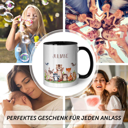 SEO. Bedruckte Tasse mit Name - Tiergruppe Wald - Schwarz & Weiß Linkreich