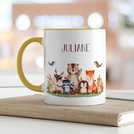 SEO. Bedruckte Tasse mit Name - Tiergruppe Wald - Gelb Linkreich