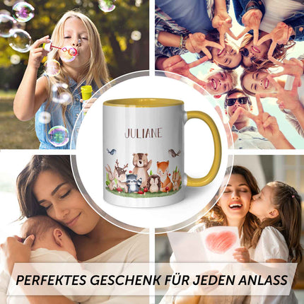 SEO. Bedruckte Tasse mit Name - Tiergruppe Wald - Gelb Linkreich
