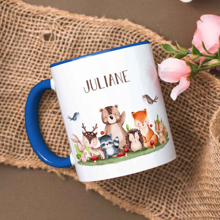 SEO. Bedruckte Tasse mit Name - Tiergruppe Wald - Blau Linkreich