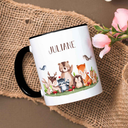 SEO. Bedruckte Tasse mit Name - Tiergruppe Wald - Schwarz & Weiß Linkreich