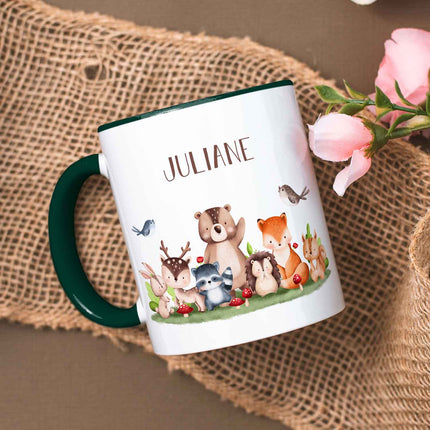 SEO. Bedruckte Tasse mit Name - Tiergruppe Wald - Dunkelgrün Linkreich