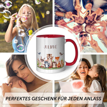 SEO. Bedruckte Tasse mit Name - Tiergruppe Wald - Rot Linkreich