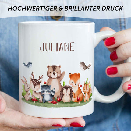 SEO. Bedruckte Tasse mit Name - Tiergruppe Wald - Schwarz & Weiß Linkreich