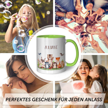 SEO. Bedruckte Tasse mit Name - Tiergruppe Wald - Hellgrün Linkreich